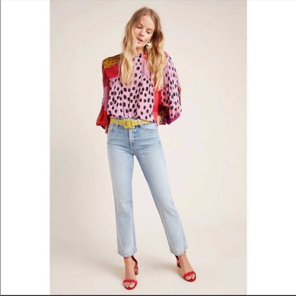 Anthropologie BL-NK Eclectic Pink Patchwork Peasant Blouse Petite Boho Top NWT - Picture 4 of 7